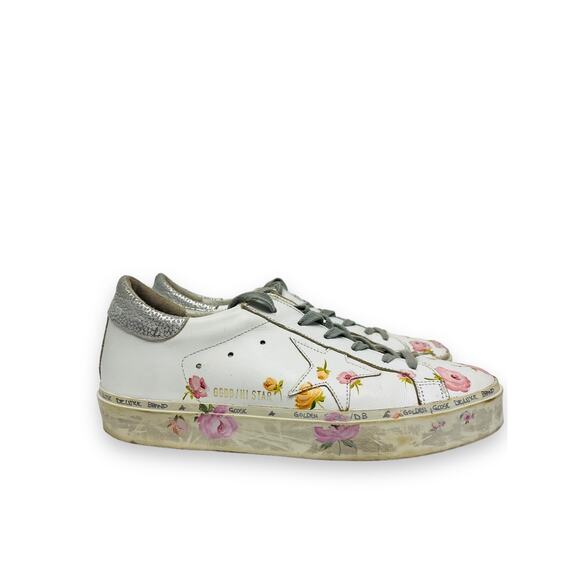 GOLDEN GOOSE White Leather Metallic Hi-Star Floral Print Sneakers Size 40 US 10 - Picture 5 of 8